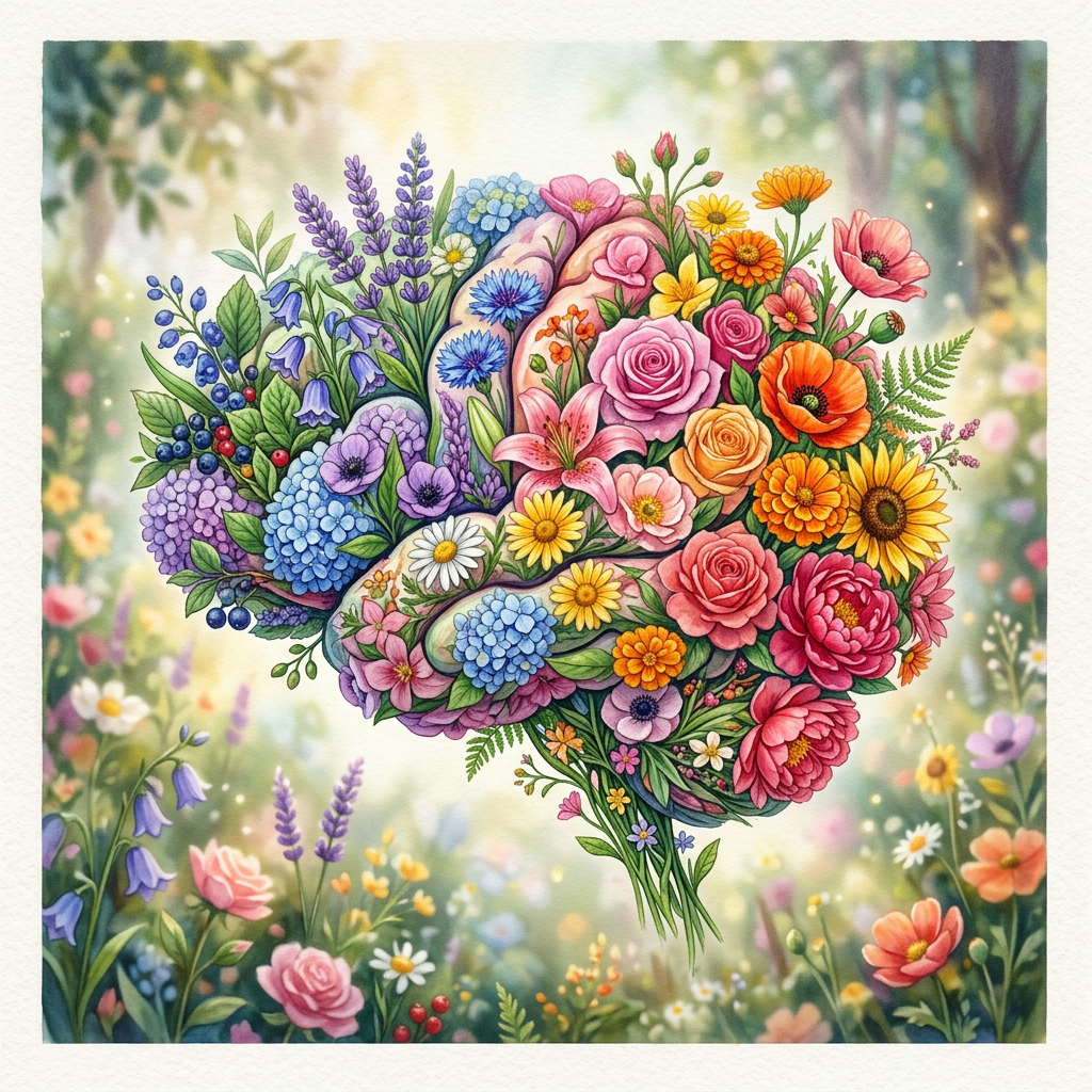 Illustrated bouquet of colorful roses, lilies, poppies, and wildflowers