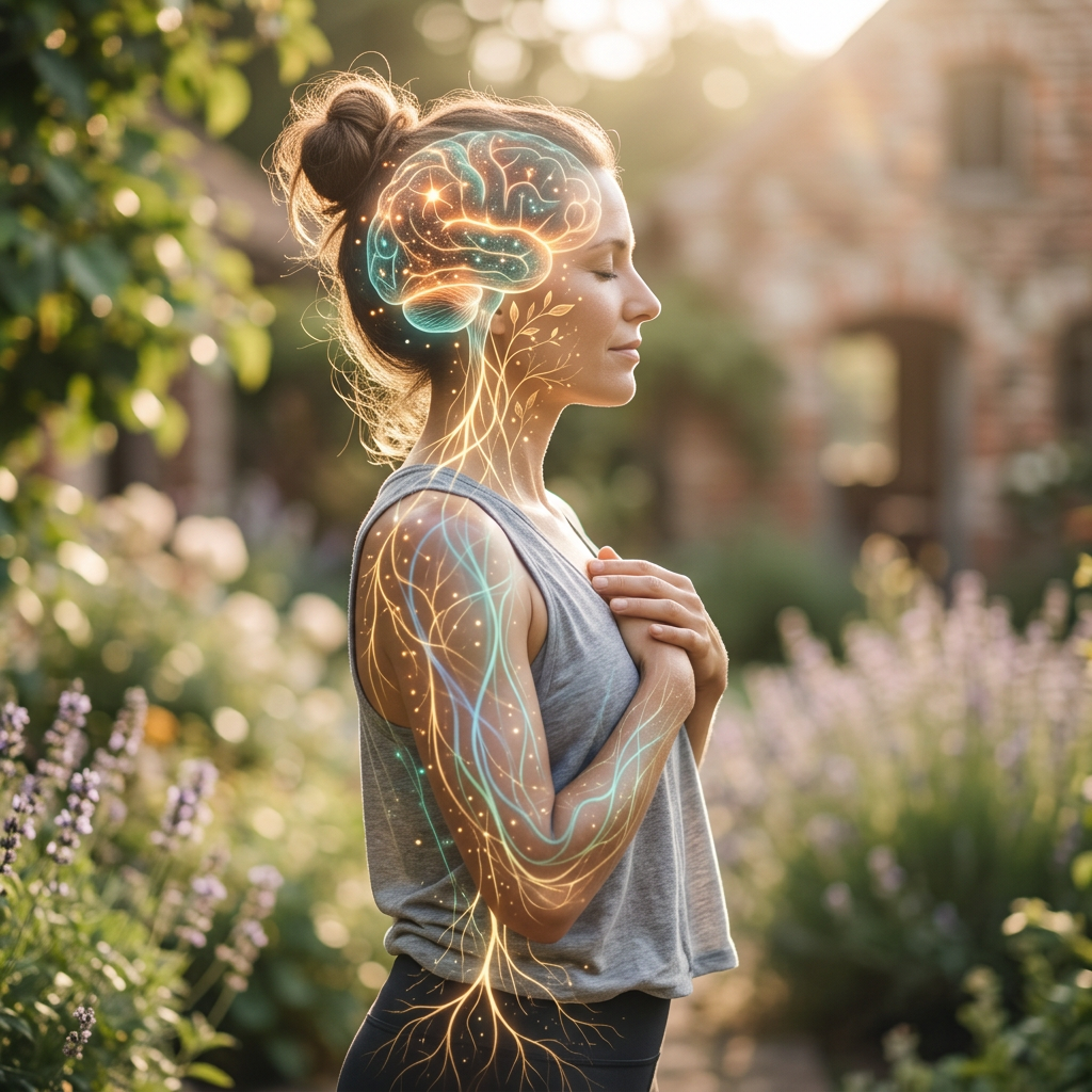 Woman meditating in garden with glowing brain and neural pathways